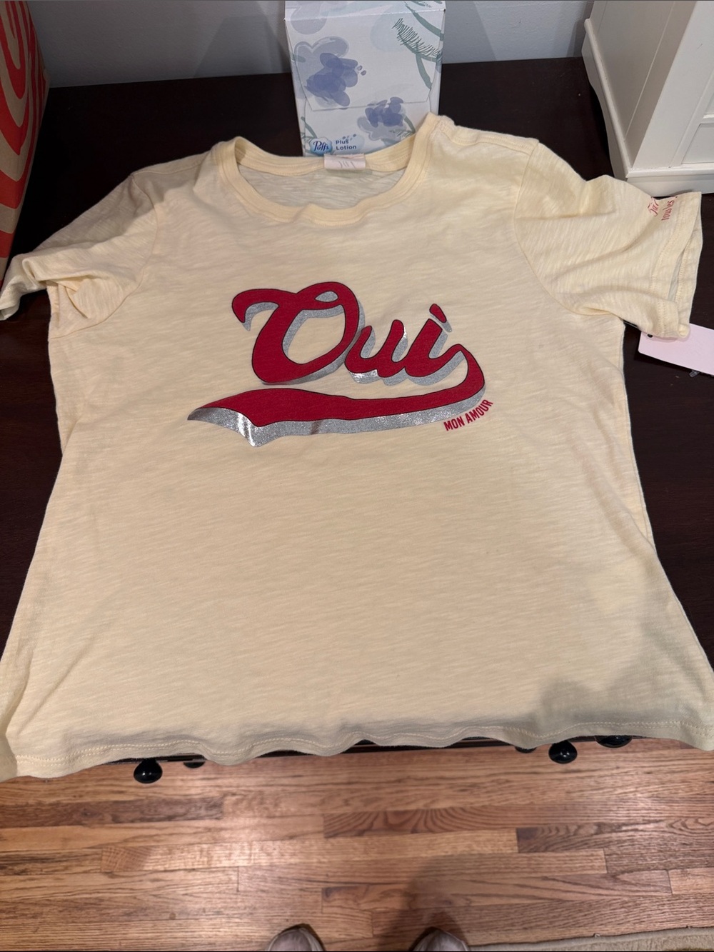 cinq a sept Cream Short Sleeve 'Oui' Graphic Tee with Red and Silver Accents